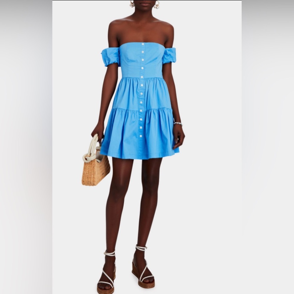 STAUD Demi mini poplin dress cotton button down off the shoulder blue sz 14 NWT